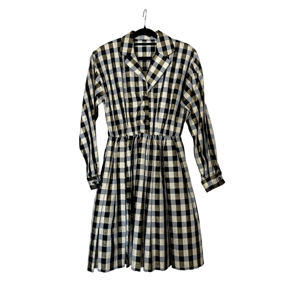 Vintage 60s Long Plaid Fit & Flare Dress Black Cream Gold